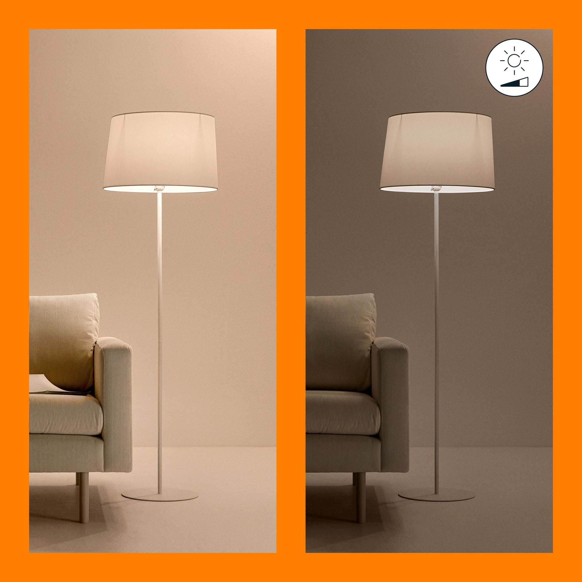 WiZ Farve Høj Lumen A80 Smart LED-pære E27 2452 lm beige gulvlampe ved lys sofa, tændt og slukket.
