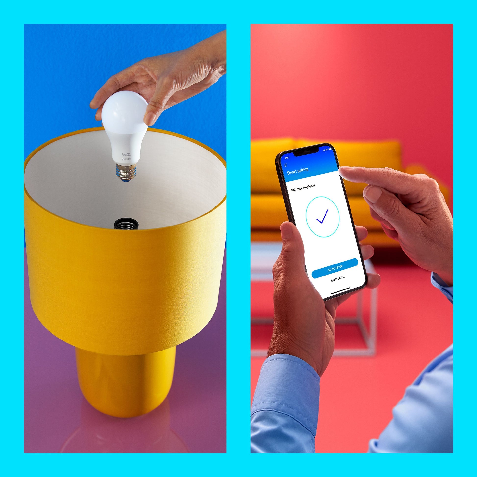 WiZ Farve Høj Lumen A80 Smart LED-pære E27 2452 lm installeres i gul lampe, parres via app med smartphone.