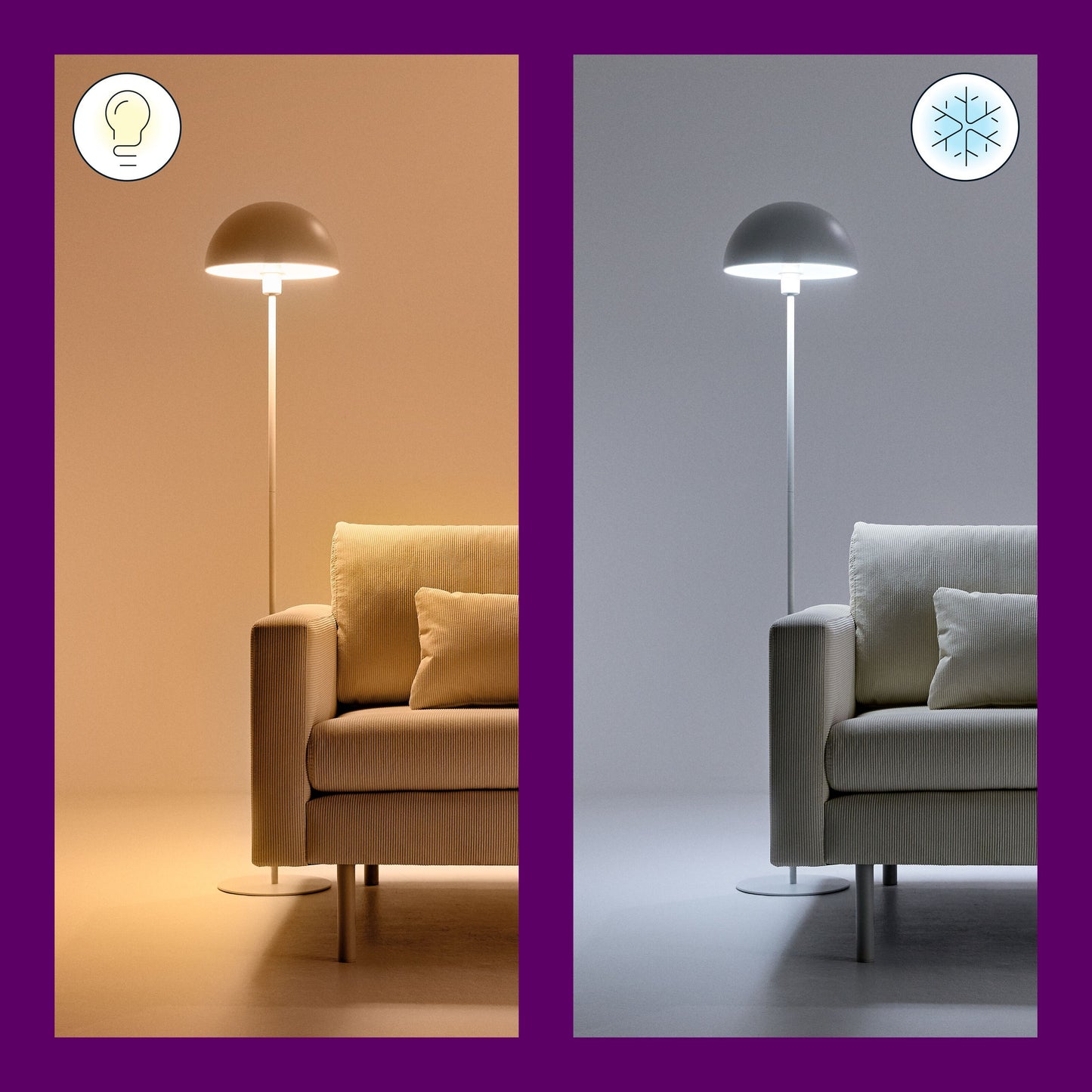A80 Smart LED-pære E27 2452 lm viser varm gul og kølig blå belysning, ikoner for lysets temperatur vises.