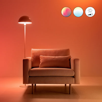 WiZ Farve Høj Lumen A80 Smart LED-pære E27 2452 lm i gulvlampe, varm orange lys, tre ikon på væg.