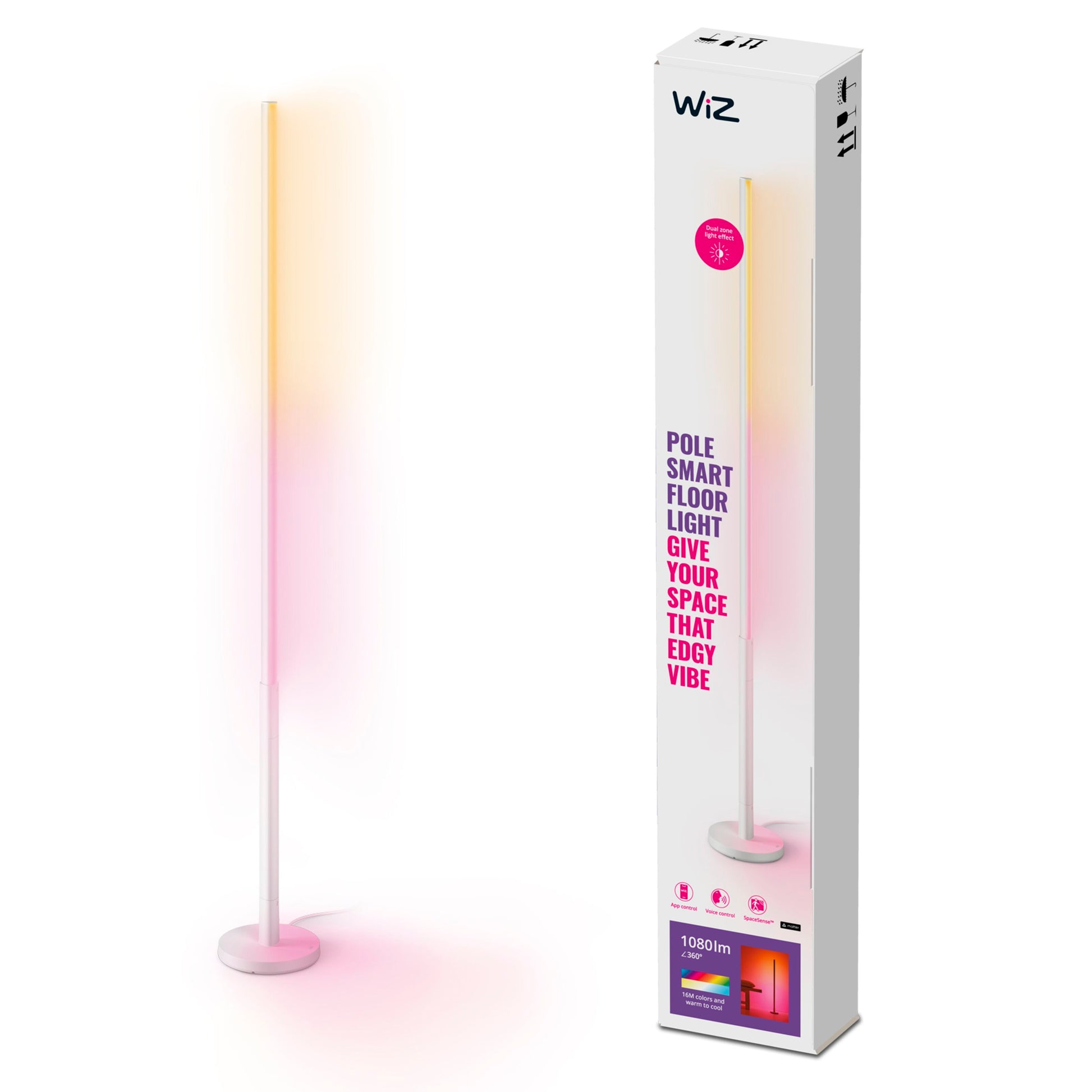 WiZ Stolpe Gulvlampe, slank model, multifarvet smart belysning, WiFi, æske med tekst Pole Smart Floor Light.