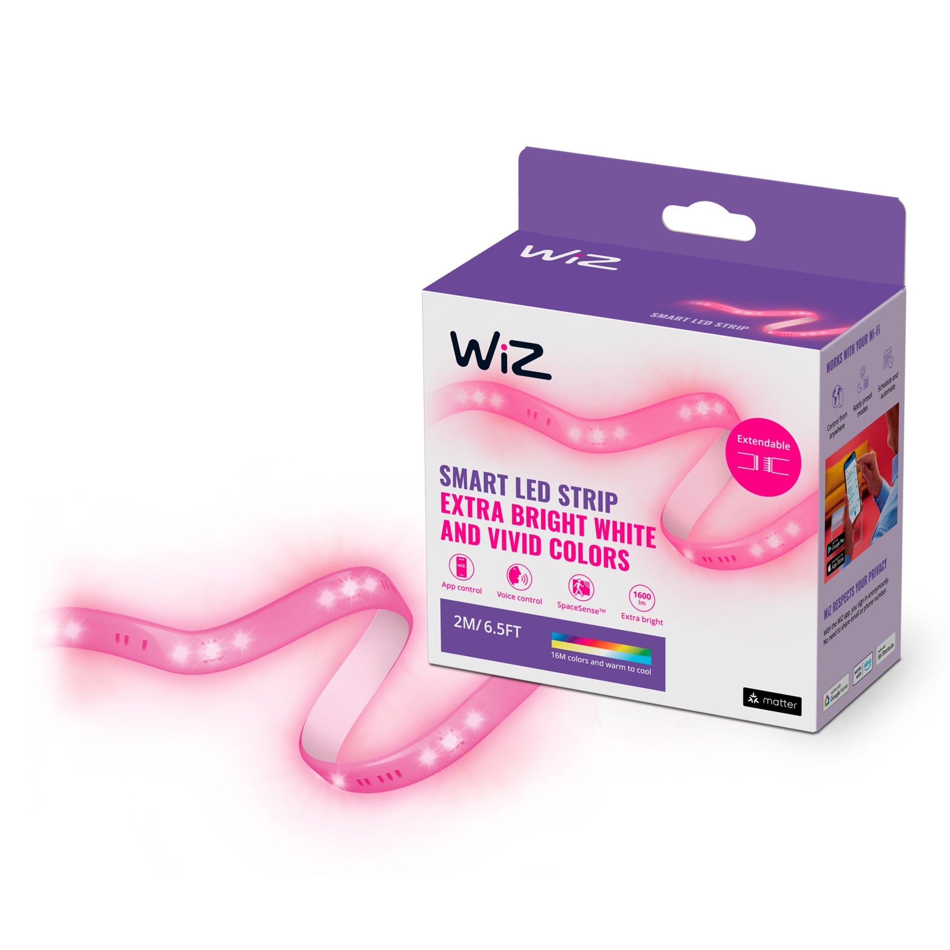 WiZ LED-liste Startpakke 2 meter, pink lys, ekstra kraftig hvid, klare farver, smart styring via telefon.