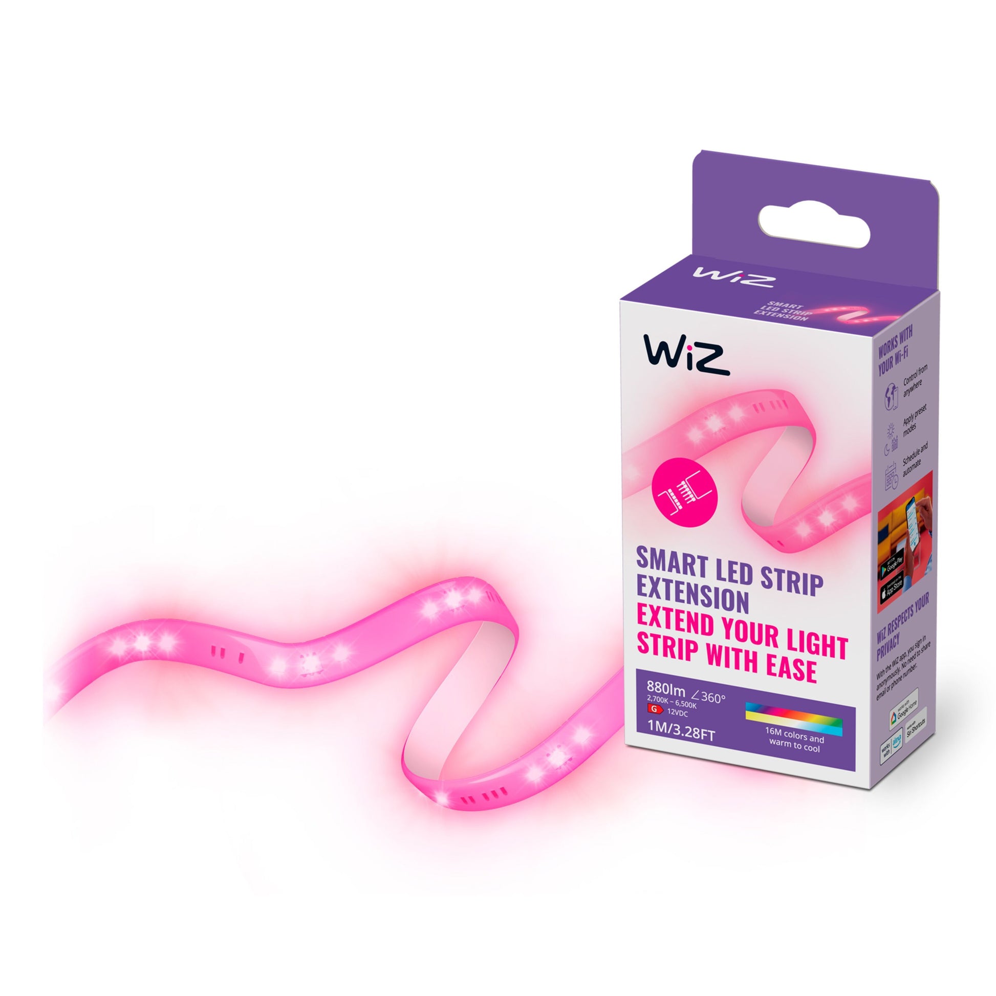 Wiz LED Strip LED-list Forlængelse 1 meter, pink lys, synlig emballage med smart belysning og appstyring.