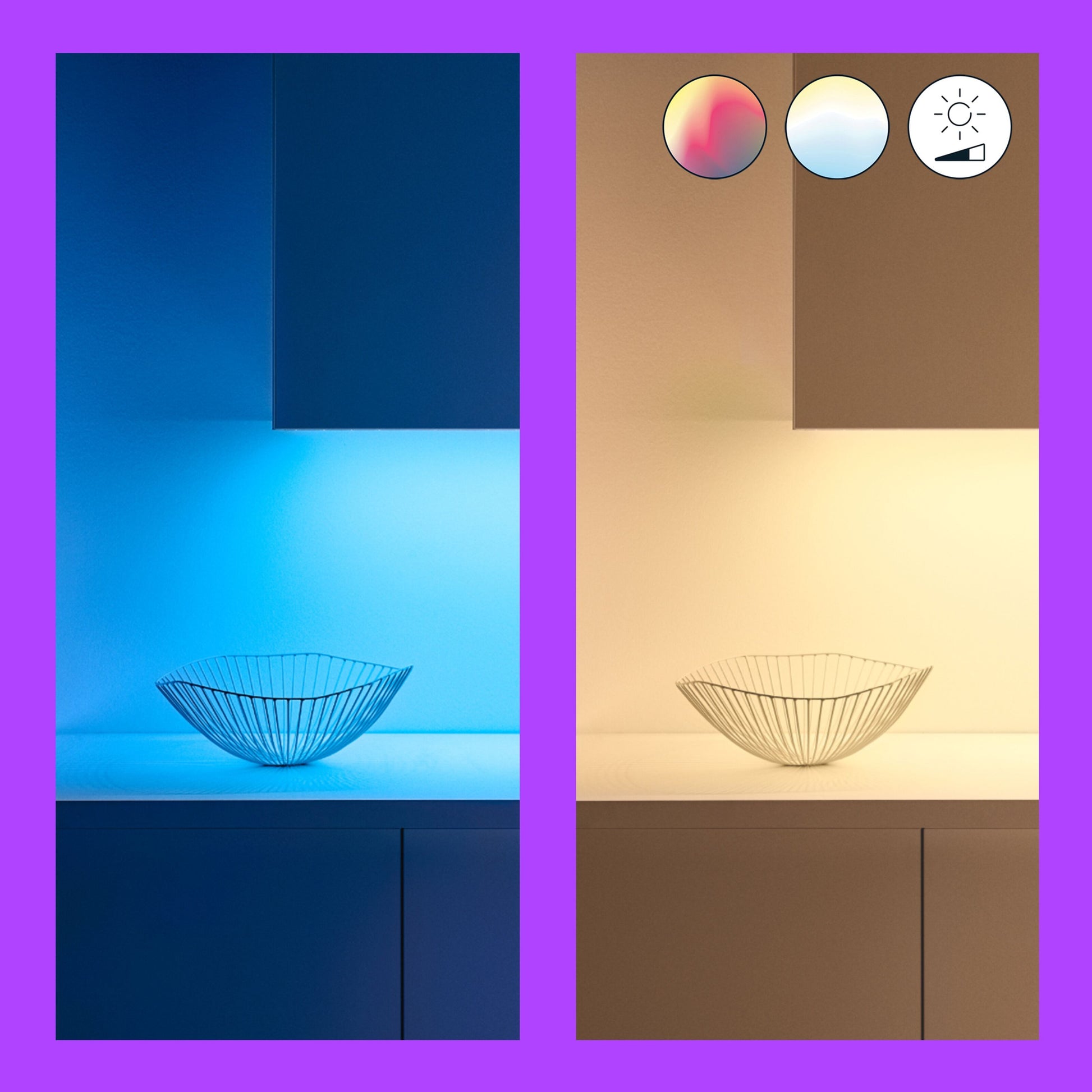 WiZ LED Strip LED-list Forlængelse 1 meter vises med blåt lys til venstre og varmt hvidt lys til højre, farveikoner øverst.