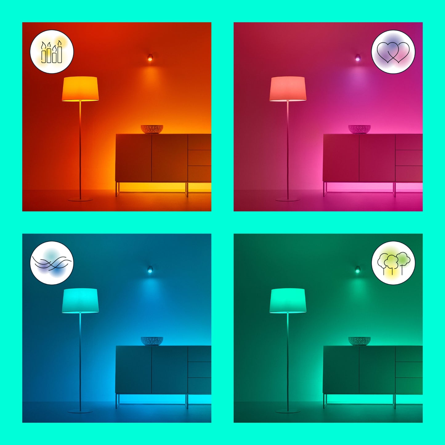 WiZ LED Strip LED-list Forlængelse 1 meter vises i fire rum med farver og ikoner til kreativitet, kærlighed, ro og natur.