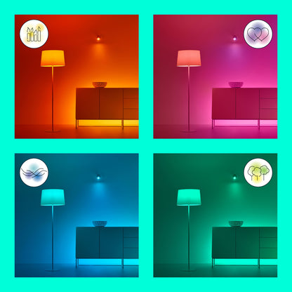 WiZ LED Strip LED-list Forlængelse 1 meter vises i fire rum med farver og ikoner til kreativitet, kærlighed, ro og natur.