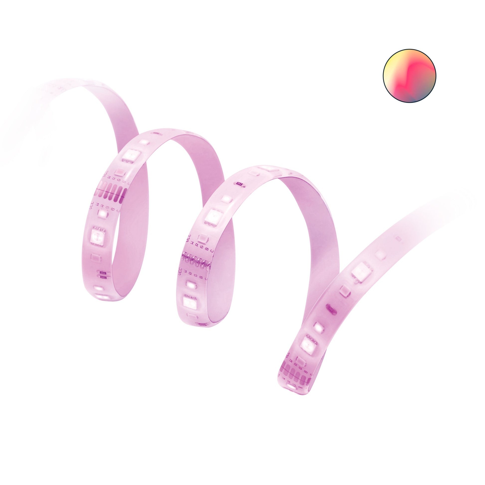 WiZ LED Strip Forlængelse 1 meter, pink lys, oprullet, med cirkulært ikon i hjørnet i pink-gul gradient.