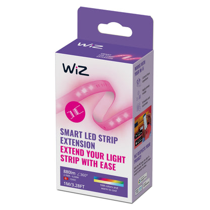Wiz LED Strip forlængelse 1 meter, pink, smart belysning, 880 lumen, 16 mio. farver, kompatibilitet vises på æsken.