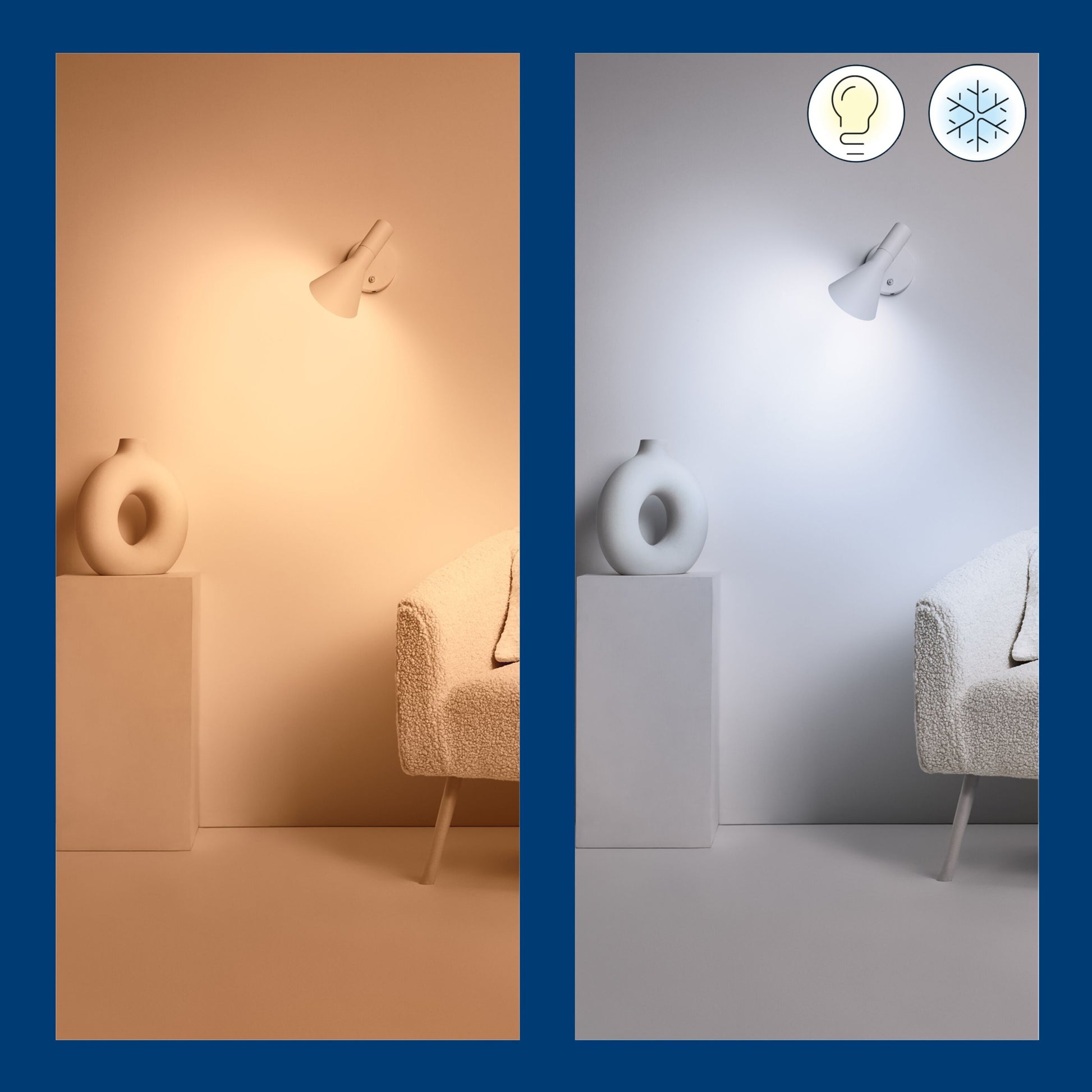 WiZ C37 Smart LED-pære E14 470 lm 2-pak viser varm gul og kold blå belysning, appstyring-ikoner tydeligt synlige.