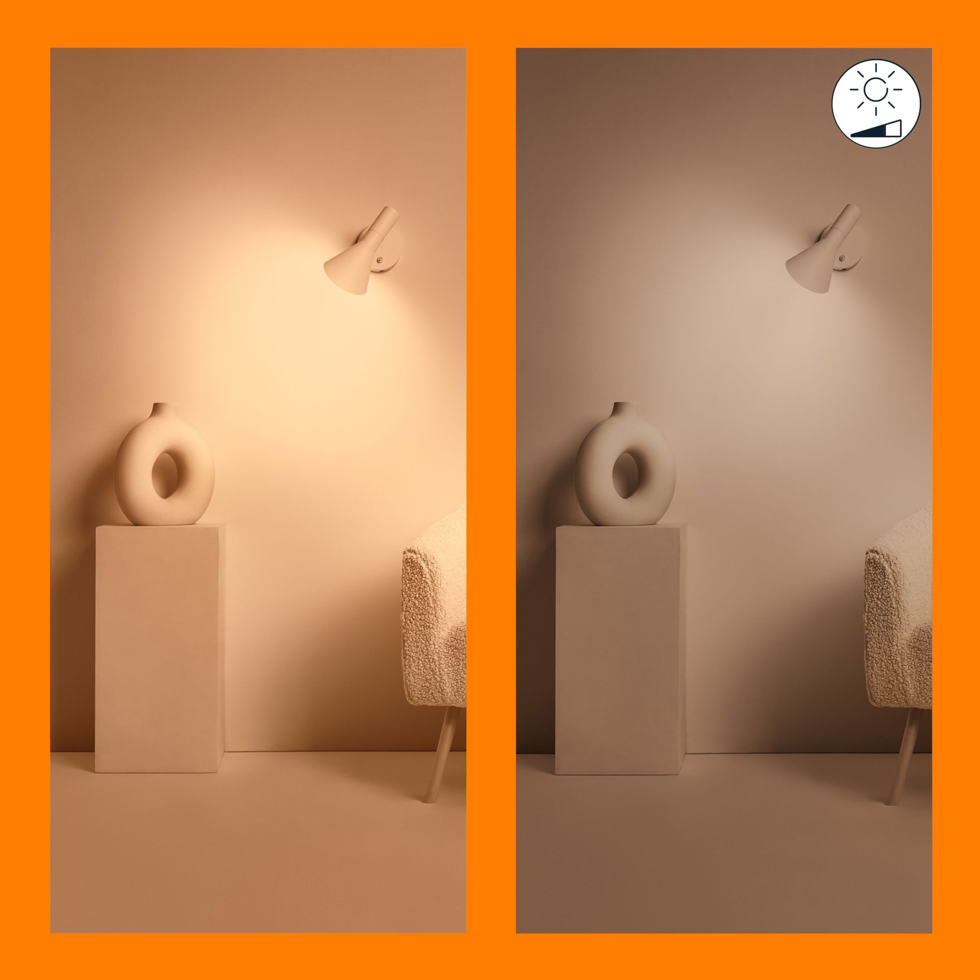 Wiz C37 Smart LED-pære E14 470 lm 2-pak, lysstyrkeforskel vist med orange kant og lysikon.