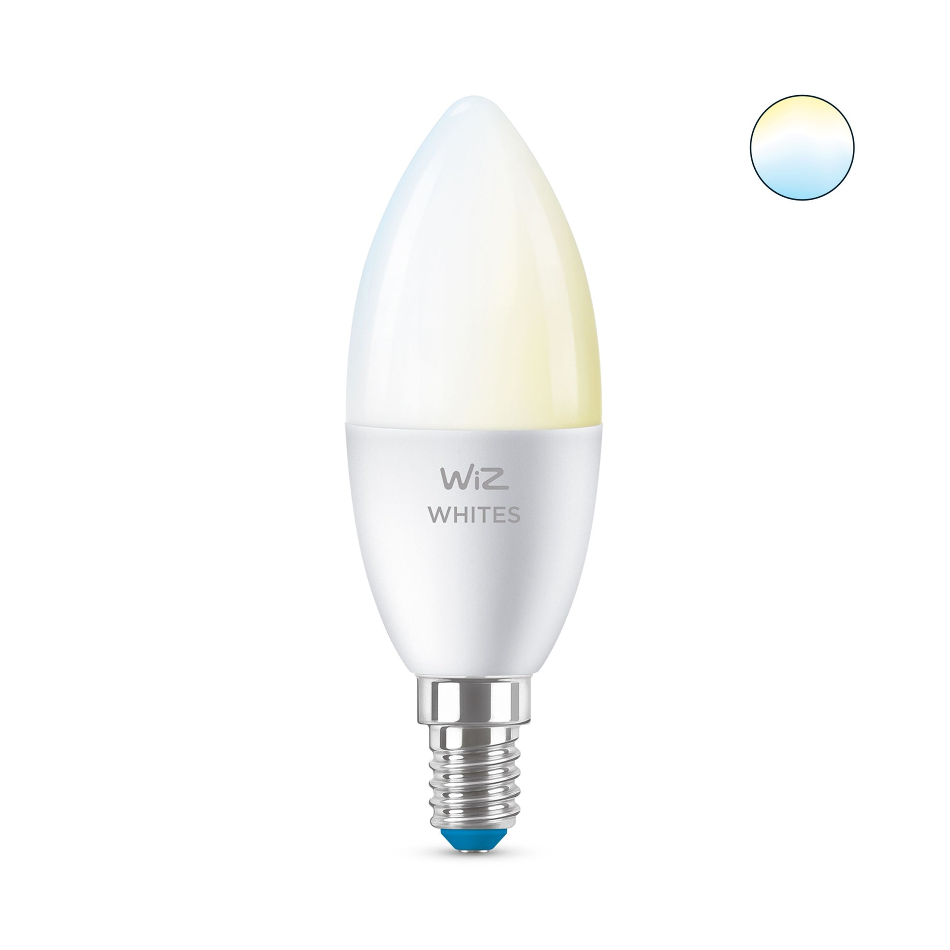 WiZ C37 Smart LED-pære E14 470 lm 2-pak med hvid-gul top, sølvfedtning og lys fra varm til koldhvid, styres via WiZ app.