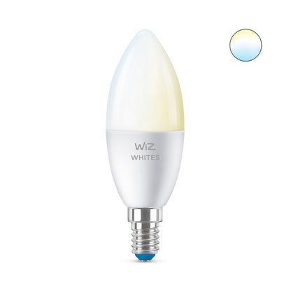WiZ C37 Smart LED-pære E14 470 lm 2-pak med hvid-gul top, sølvfedtning og lys fra varm til koldhvid, styres via WiZ app.