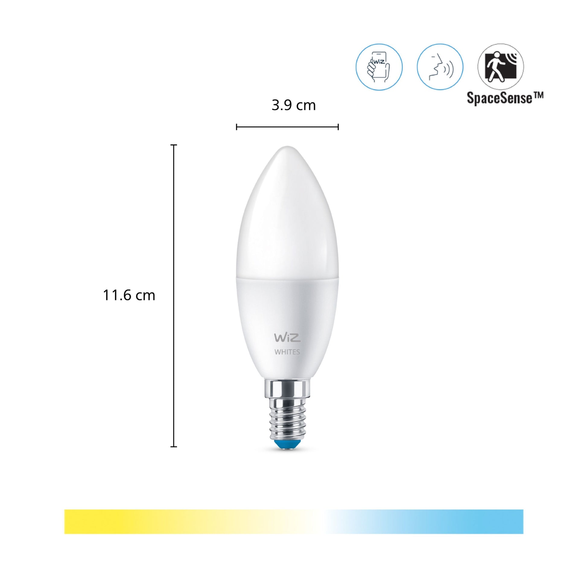 WiZ C37 Smart LED-pære E14 470 lm 2-pak, stearinlysform, 11,6 cm høj, 3,9 cm bred, Wi-Fi/voice/Sense-ikoner, hvidt lysområde.