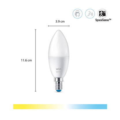 WiZ C37 Smart LED-pære E14 470 lm 2-pak, stearinlysform, 11,6 cm høj, 3,9 cm bred, Wi-Fi/voice/Sense-ikoner, hvidt lysområde.