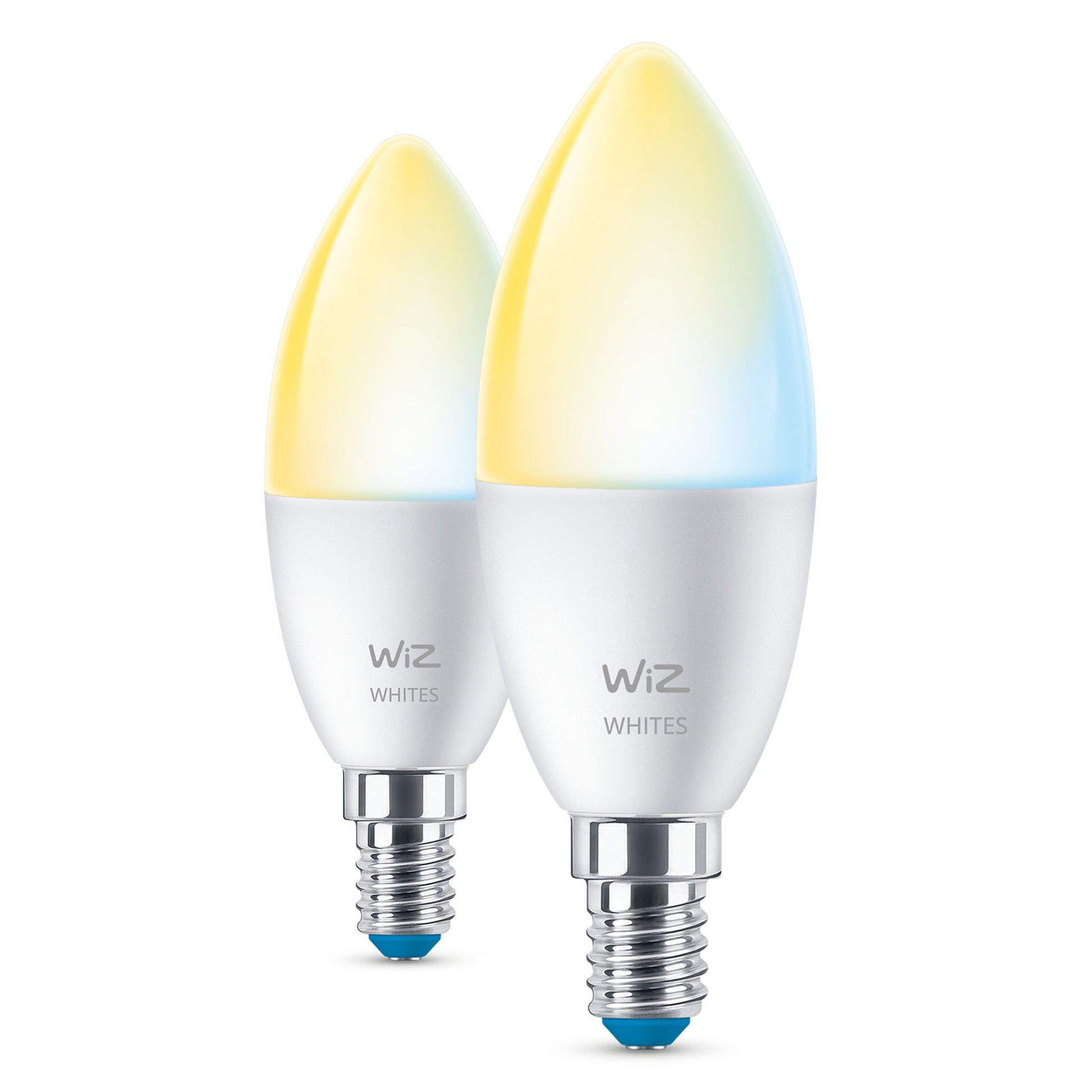 WiZ C37 Smart LED-pærer 2-pak E14 470 lm, lysform, gul-til-blå gradient, metallisk skruebase, styres via WiZ-app.