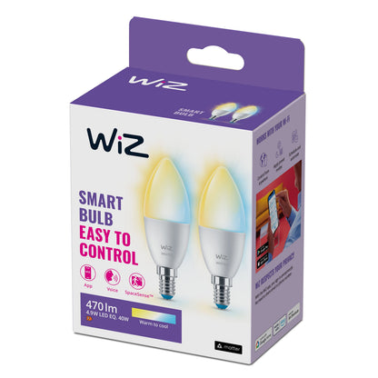 WiZ C37 Smart LED-pære E14 470 lm 2-pak, lilla/hvid æske, to lys pæreform, app- og stemmestyring, justerbar farvetemperatur.