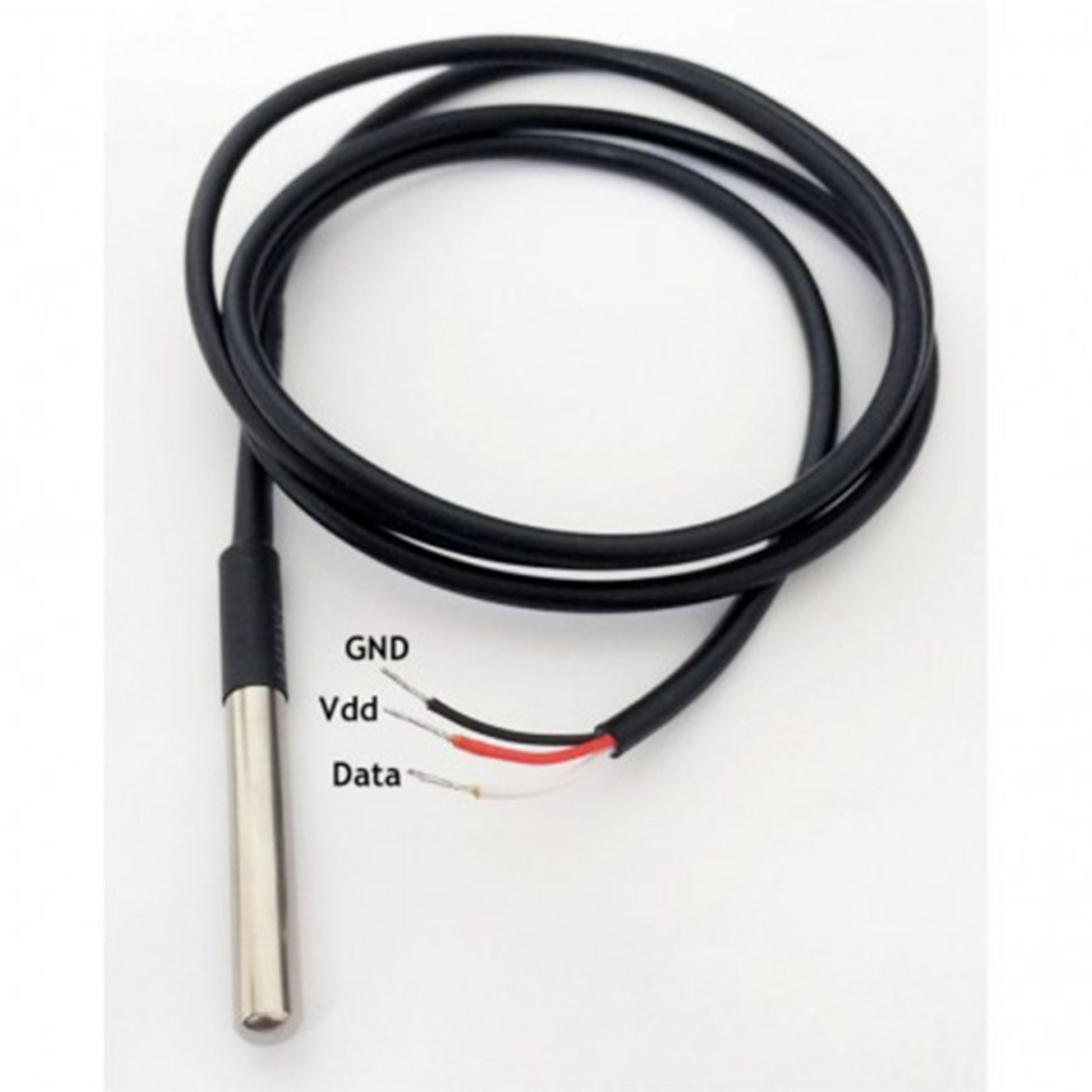 Shelly Temperaturføler 1 m, metal DS18B20 sensor med sort kabel og tre ledninger: sort (GND), rød (Vdd), hvid.