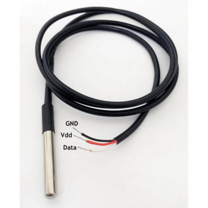Shelly Temperaturføler 1 m, metal DS18B20 sensor med sort kabel og tre ledninger: sort (GND), rød (Vdd), hvid.