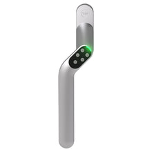 Yale kodelås til altandør/vindue venstre, sølv elektronisk greb, sort 6-knaps tastatur, grøn lysindikator, Yale logo.