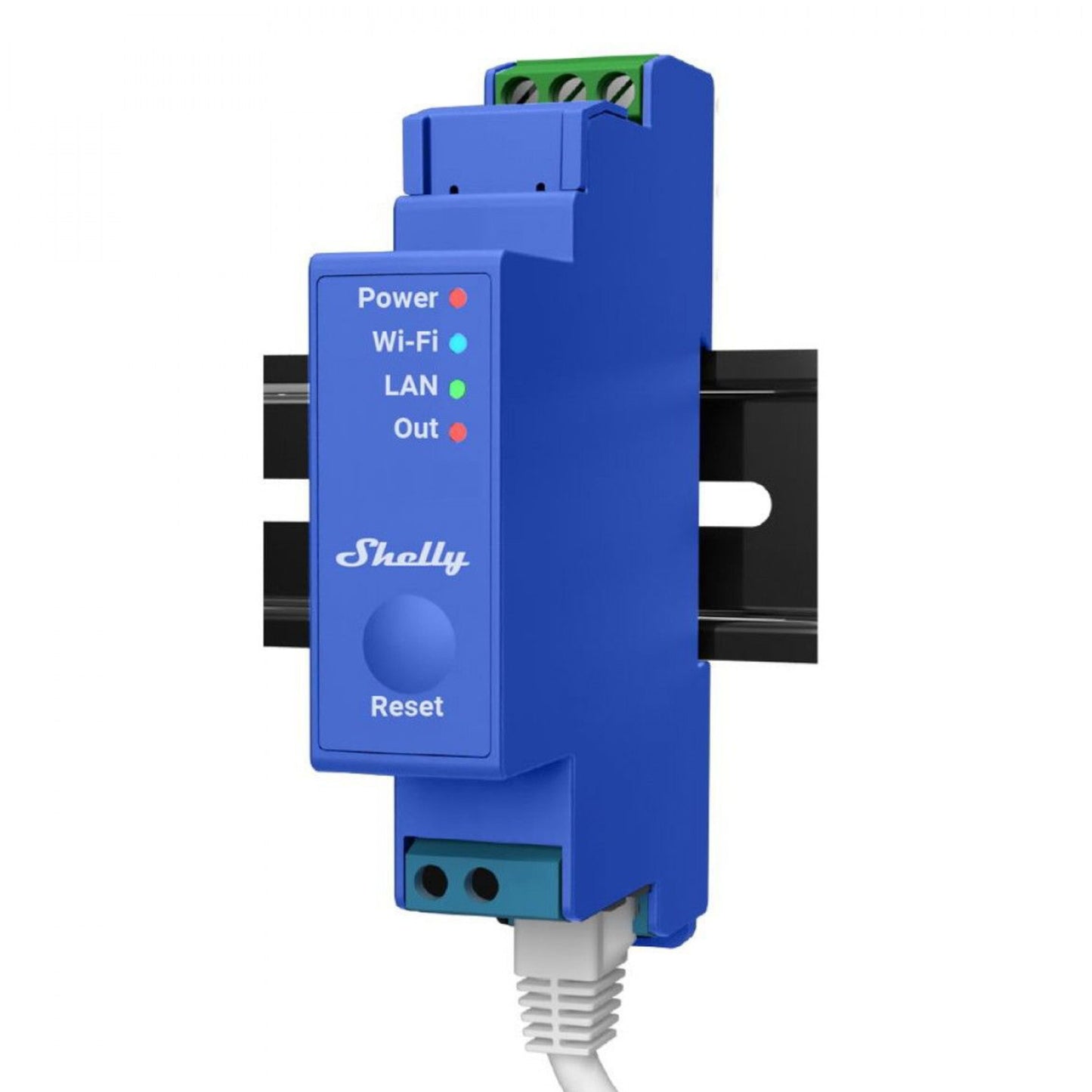 Shelly Pro1 blå DIN-fjernbetjent strømafbryder på DIN-skinne, statuslys Power/Wi-Fi/LAN/Out, Reset-knap, hvid ledning nederst.