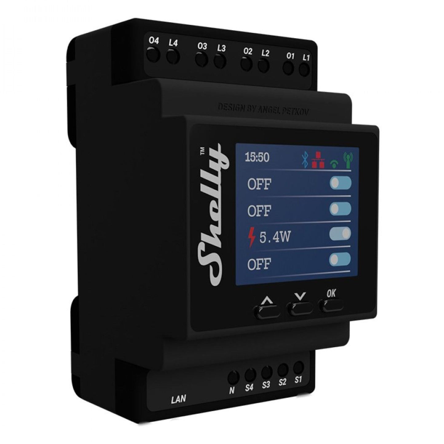 Shelly 4Pro PM DIN-fjernbetjent strømafbryder sort, farve-touchdisplay, strømstyring, statuslys, 5.4W visning, mærkede terminaler.