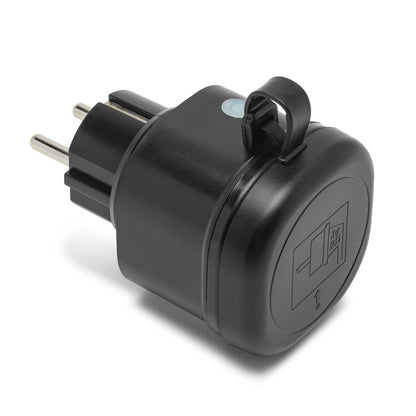 Cleverio sort rund adapterstik med foldbar løkke og stik-symbol, passer til GP121 Smart fjernstrømafbryder 3680W.