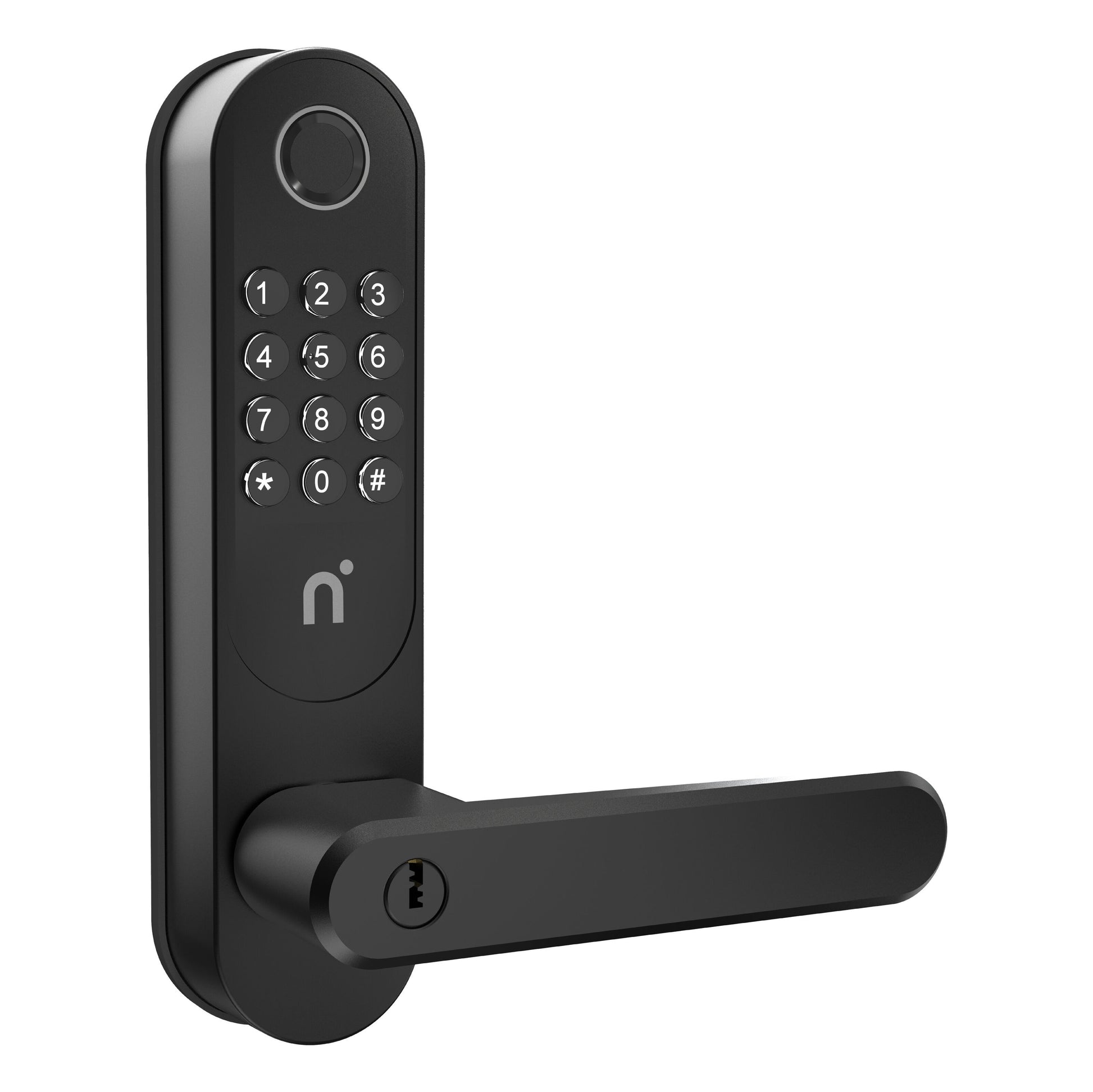 Nimly Code Pro elektronisk dørlås sort med tastatur, fingeraftrykslæser, greb og n-formet logo til yderdør.