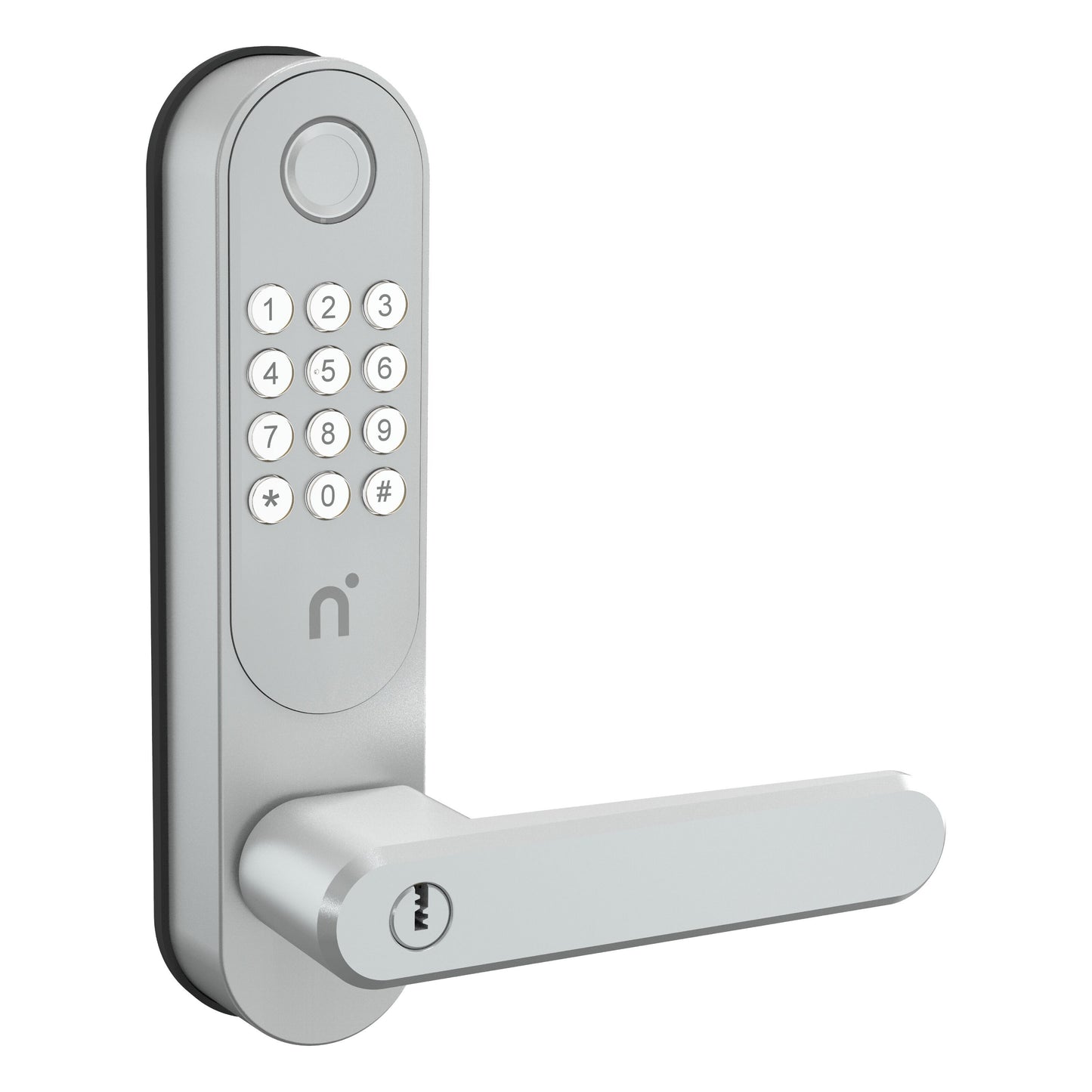 Nimly Code Pro elektronisk dørlås sølv med tastatur, rund fingeraftrykslæser og vandret håndtag.