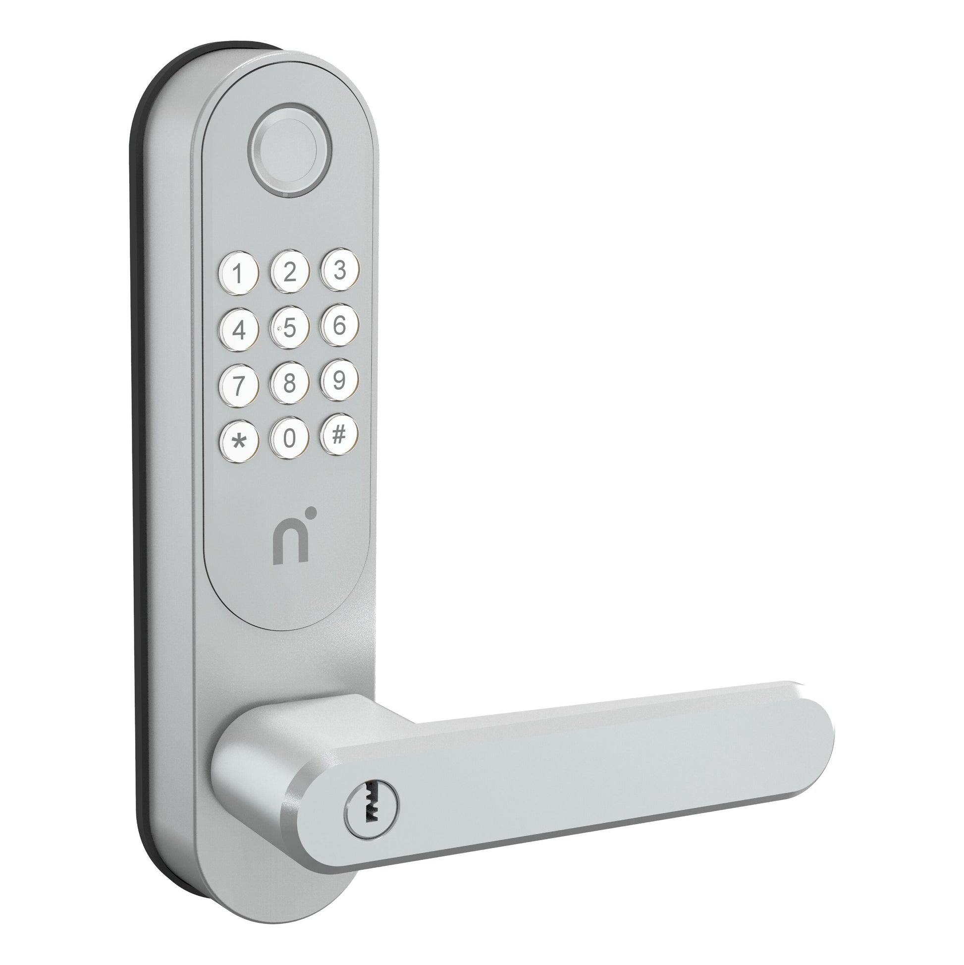 Nimly Code Pro elektronisk dørlås sølv med tastatur, rund fingeraftrykslæser og vandret håndtag.