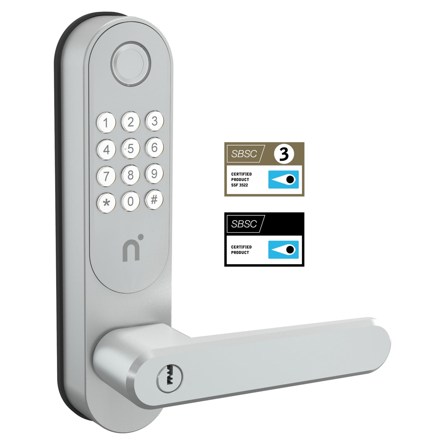 Nimly Code Pro elektronisk dørlås sølv, numerisk tastatur, rund knap, nøglehul i greb, til certificeringsmærker.