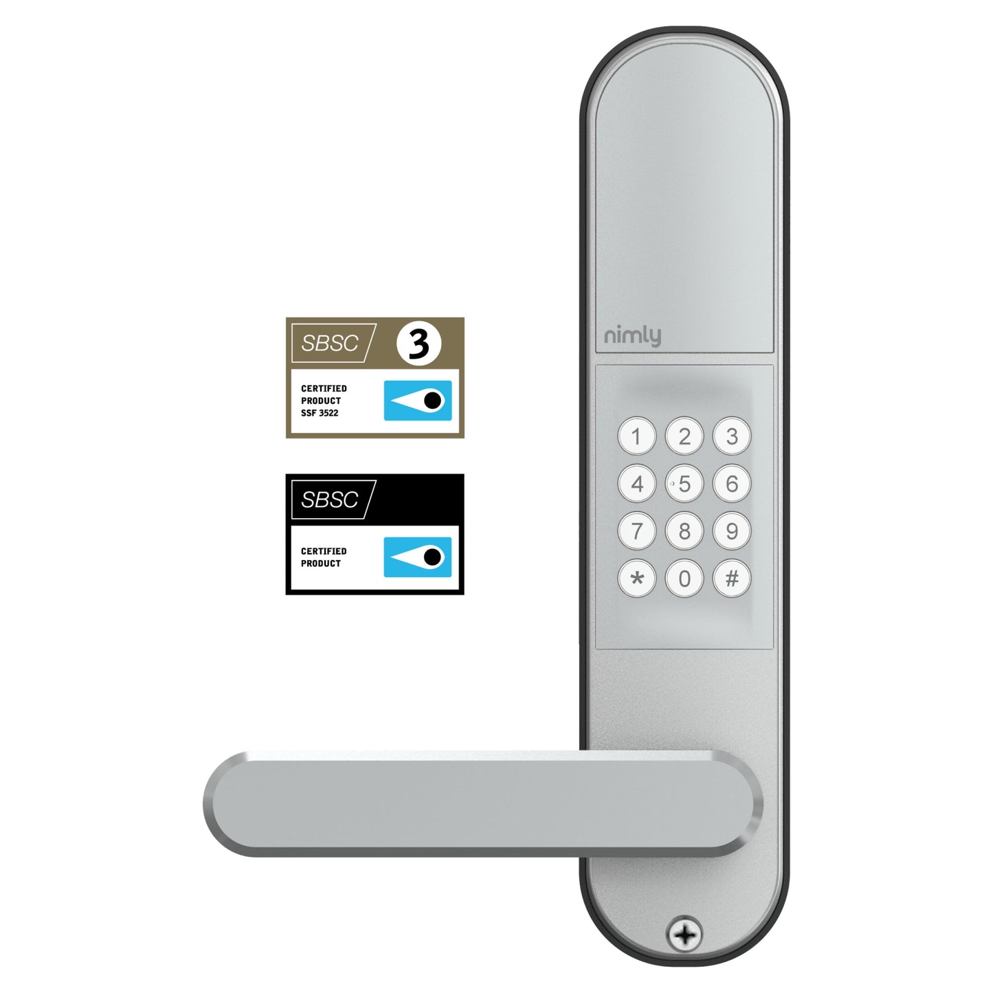 Nimly Code Pro elektronisk dørlås sølv med numerisk tastatur, håndtag og SBSC 3-certificeringsmærke på siden.