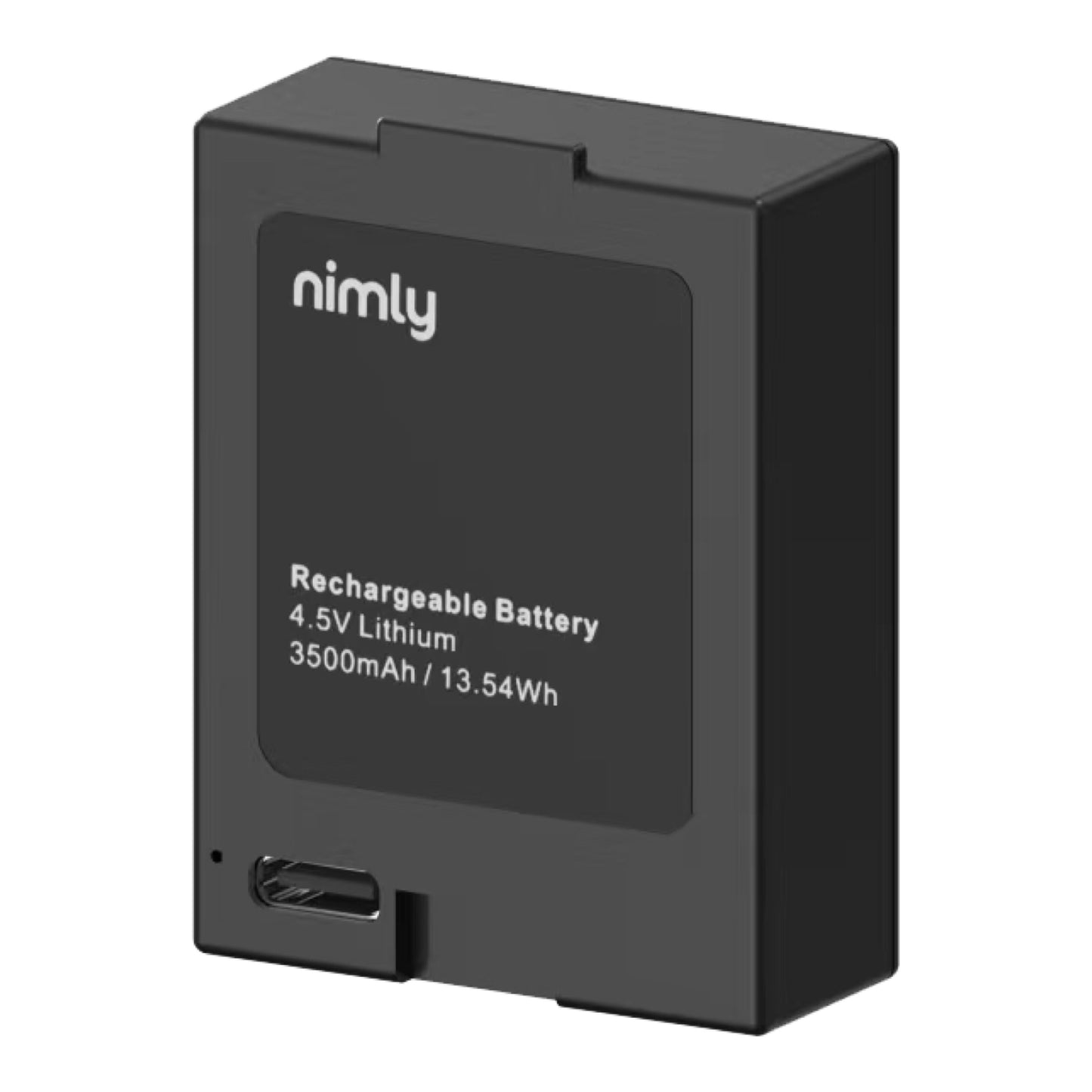 Nimly 4,5V sort lithium batteripakke til elektronisk dørlås 3500mAh 13,54Wh frontlabel og USB-C port nederst til venstre.