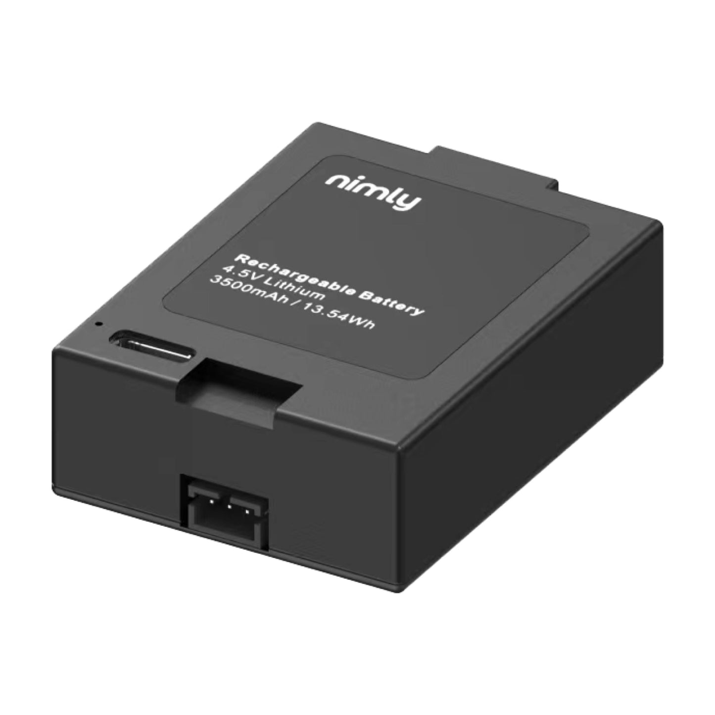 Nimly batteripakke til elektronisk dørlås sort rektangulær 4,5V 3500mAh 13,54Wh USB-C port ekstra stik Nimly logo.