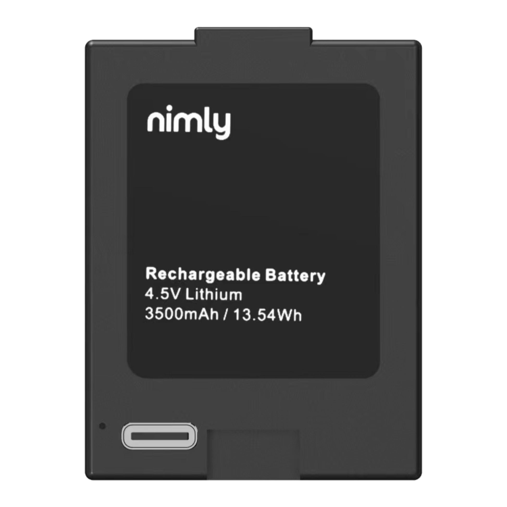 Nimly batteripakke til elektronisk dørlås, sort rektangulær 4,5V lithium 3500mAh, lille grå stik, USB-C opladning.