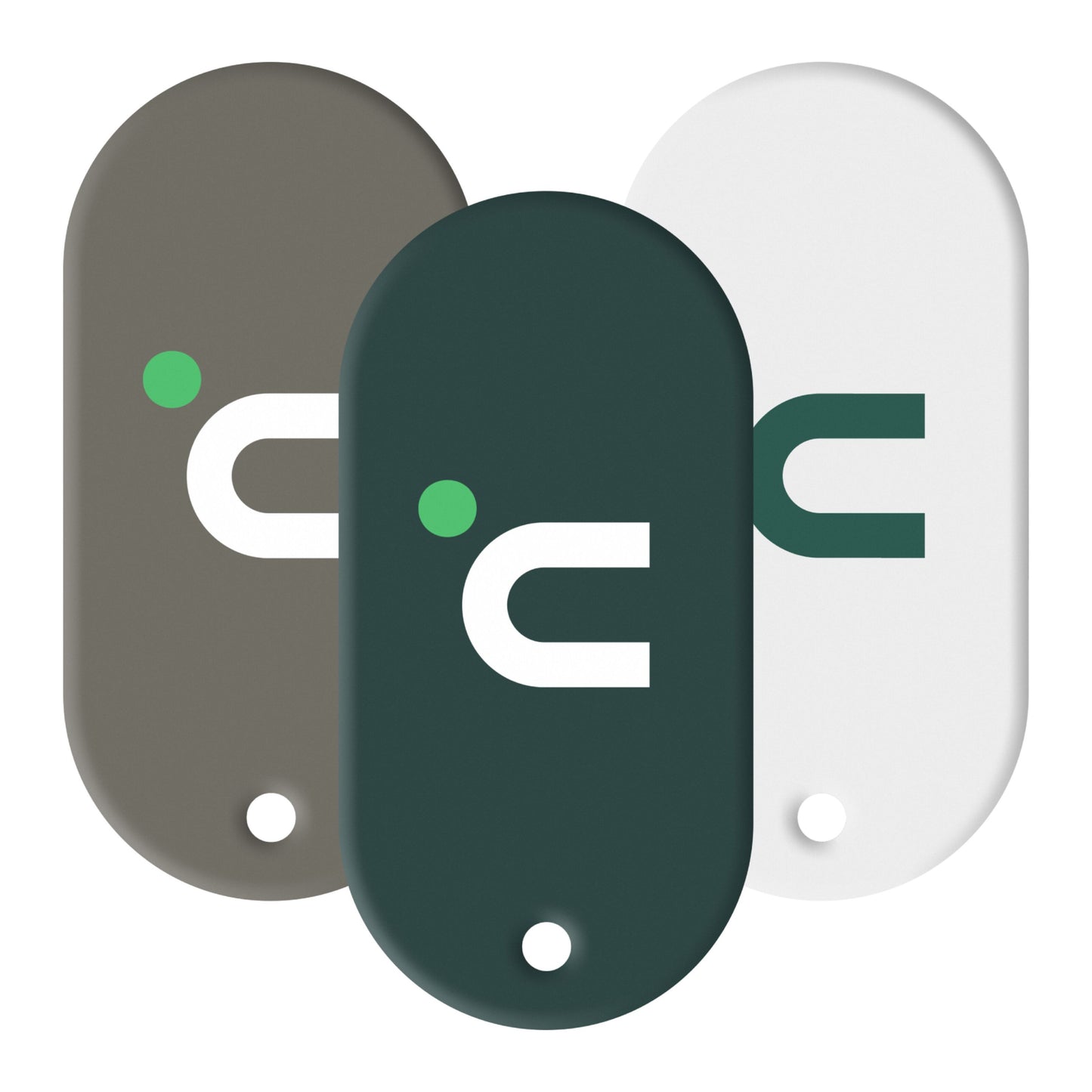 Nimly RFID-brikker 3-pack til elektronisk dørlås, ovale tags i brun, mørkegrøn og hvid med magnetikon.