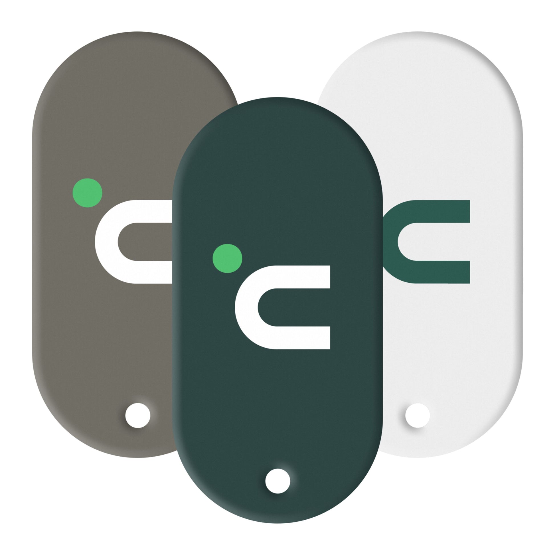 Nimly RFID-brikker 3-pack til elektronisk dørlås, ovale tags i brun, mørkegrøn og hvid med magnetikon.