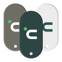 Nimly RFID-brikker 3-pack til elektronisk dørlås, ovale tags i brun, mørkegrøn og hvid med magnetikon.