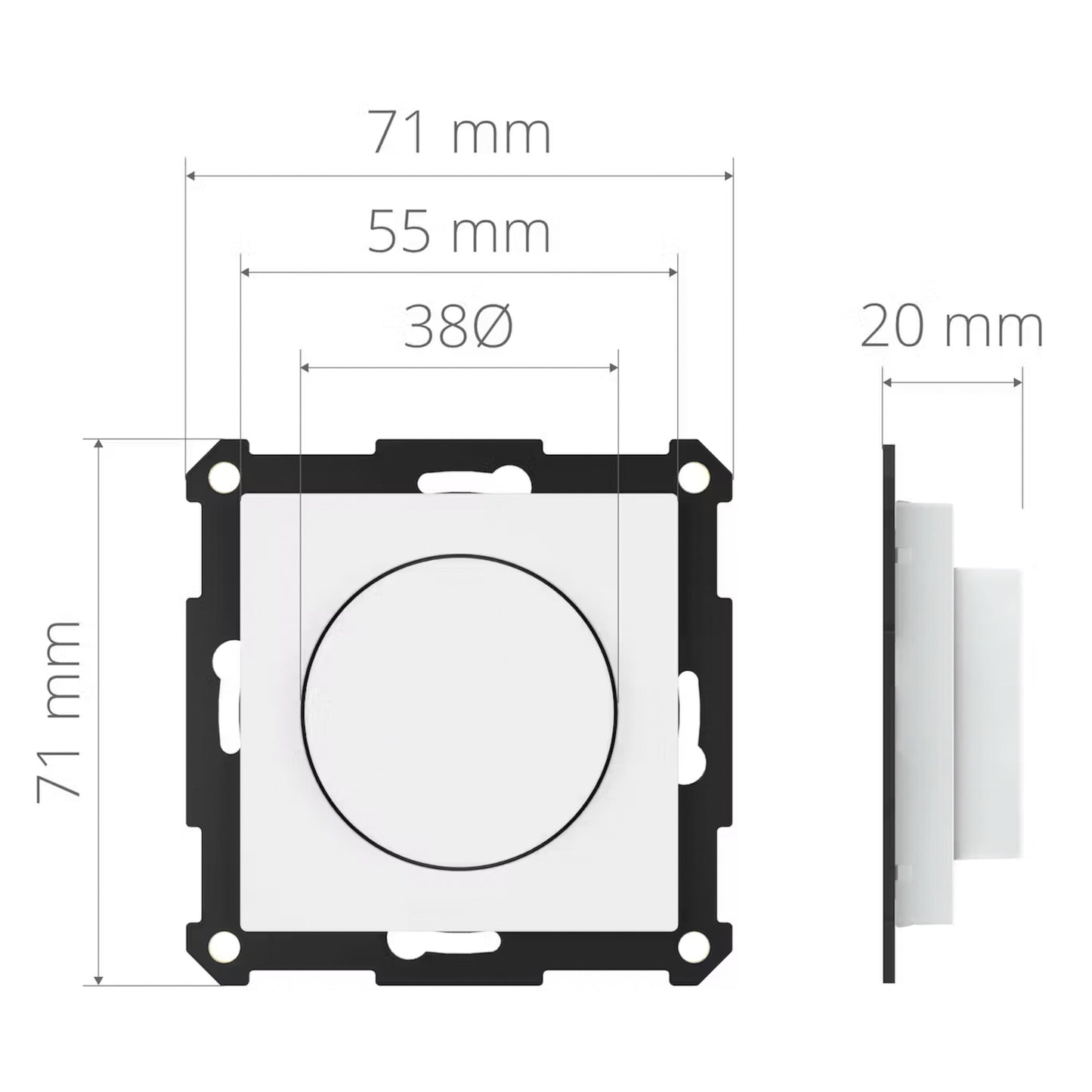 Plejd WRT-01-DK drejeknap, kvadratisk kontakt med 38 mm rund knap, 71x71 mm, 20 mm dyb, monteringsramme vises.