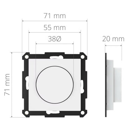 Plejd WRT-01-DK drejeknap, kvadratisk kontakt med 38 mm rund knap, 71x71 mm, 20 mm dyb, monteringsramme vises.