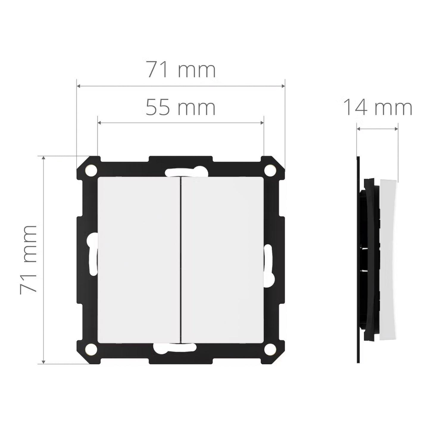 Plejd Trådløs trykknap, dobbelt tasts lyskontakt 71x71mm, indre bredde 55mm, dybde 14mm, sort monteringsramme.