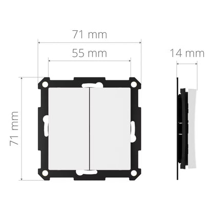 Plejd Trådløs trykknap, dobbelt tasts lyskontakt 71x71mm, indre bredde 55mm, dybde 14mm, sort monteringsramme.