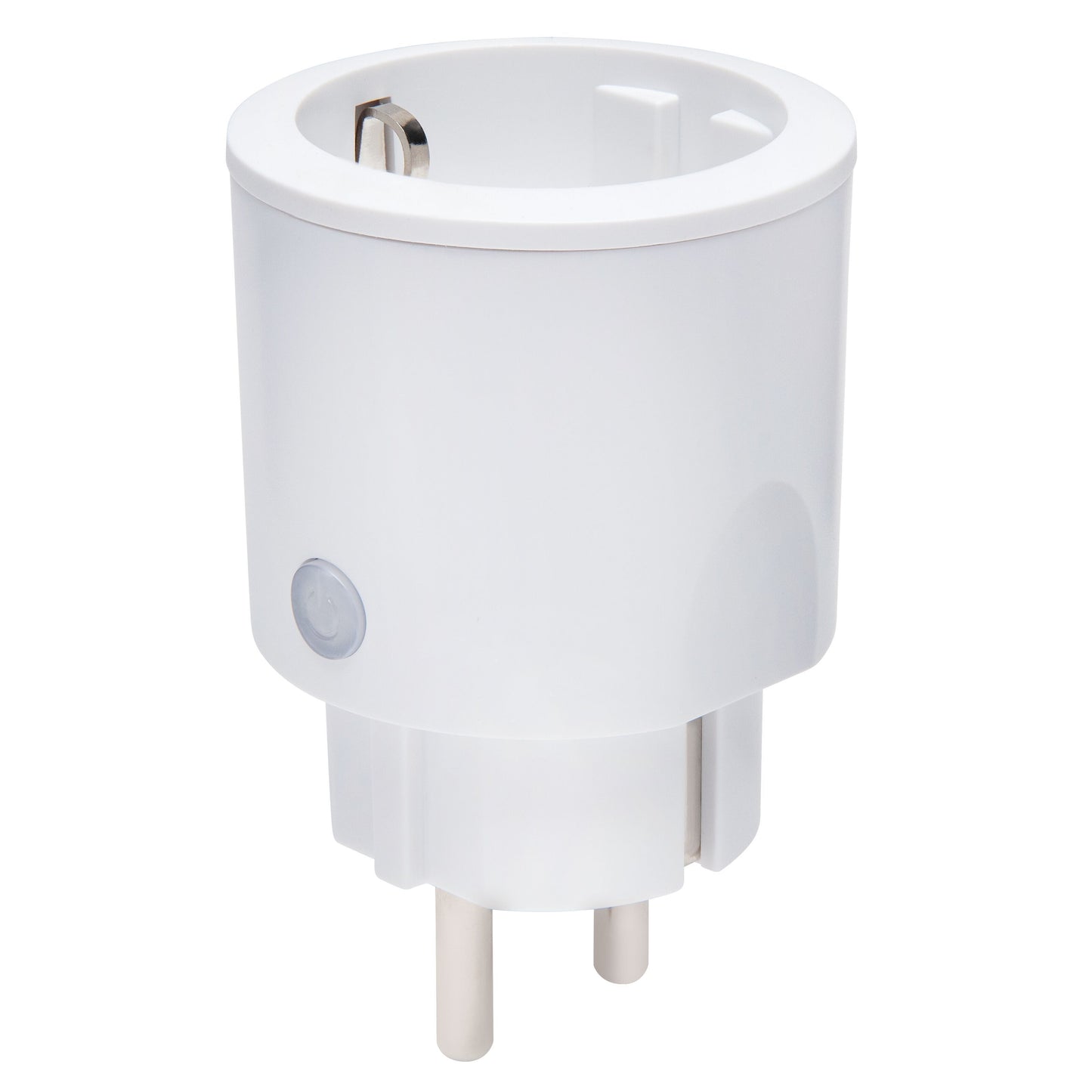 IAS500 Smart fjernstrømafbryder, hvid, 3680 W, cylinderformet adapter med europæiske ben og sideplaceret tænd/sluk-knap.
