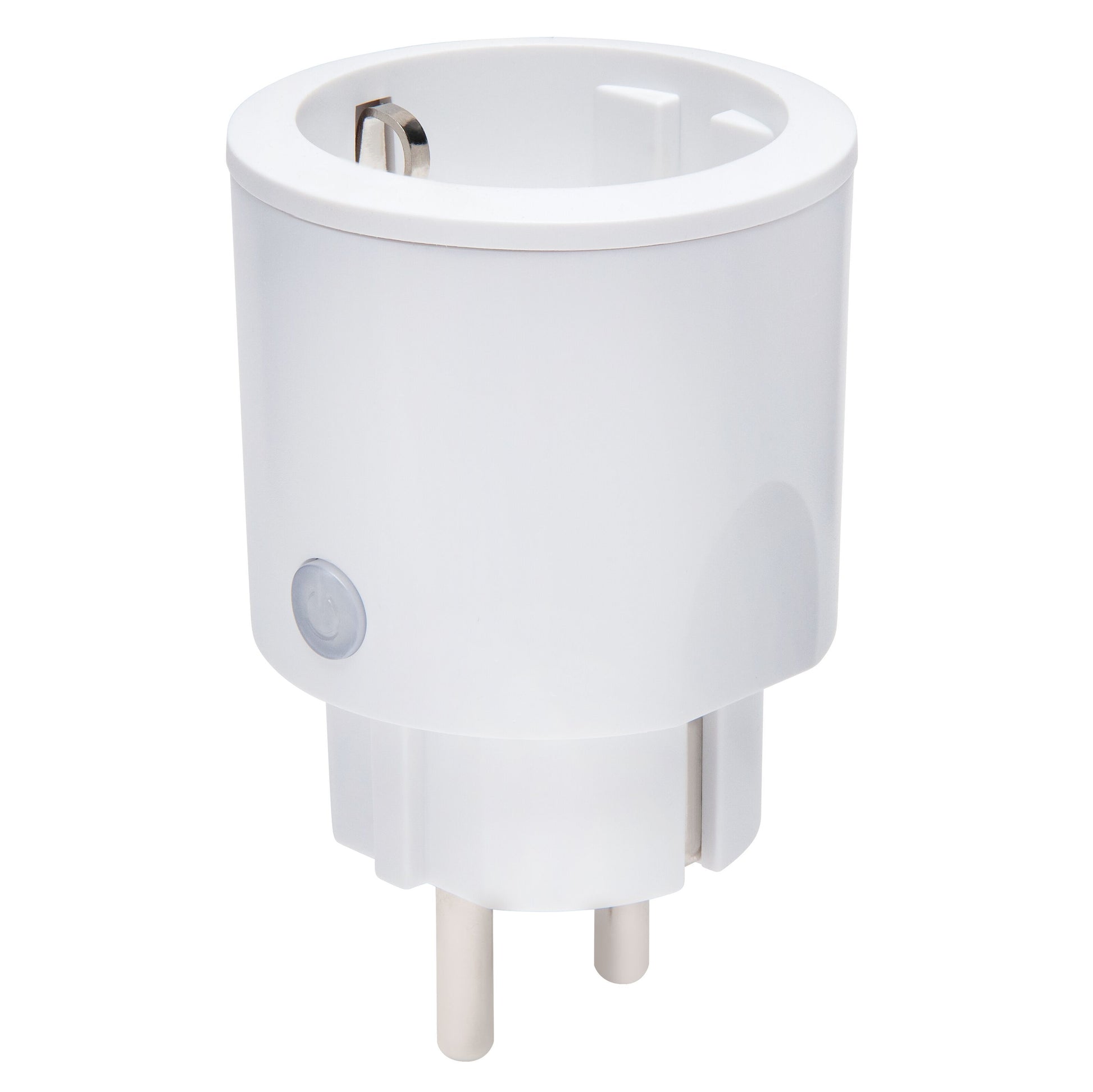 IAS500 Smart fjernstrømafbryder, hvid, 3680 W, cylinderformet adapter med europæiske ben og sideplaceret tænd/sluk-knap.
