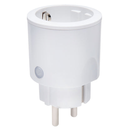 IAS500 Smart fjernstrømafbryder, hvid, 3680 W, cylinderformet adapter med europæiske ben og sideplaceret tænd/sluk-knap.
