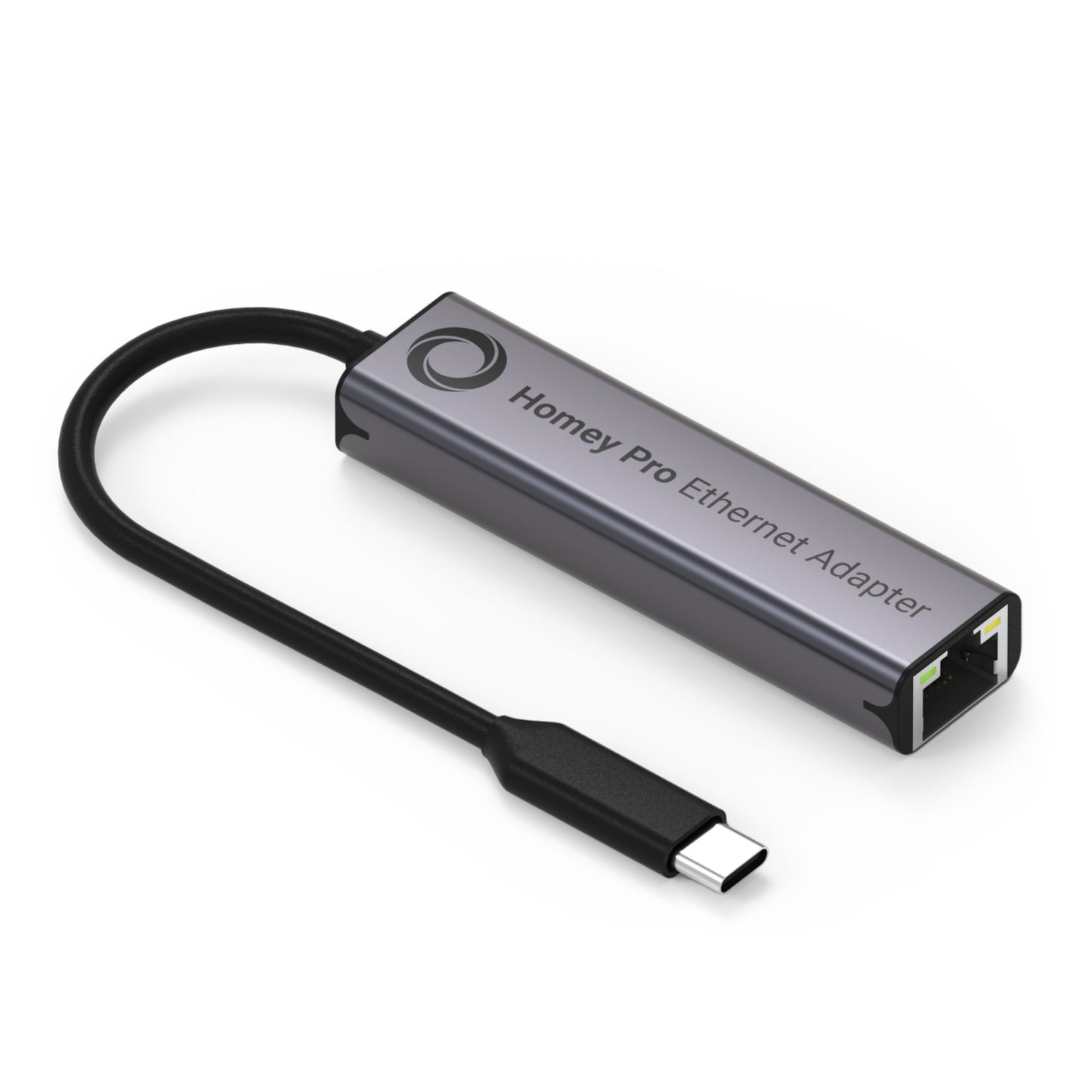 Athom Ethernet-adapter til Homey Pro tidligt 2023, eksternt netværkskort med USB-C, Ethernet-port, kort sort kabel, metallic.
