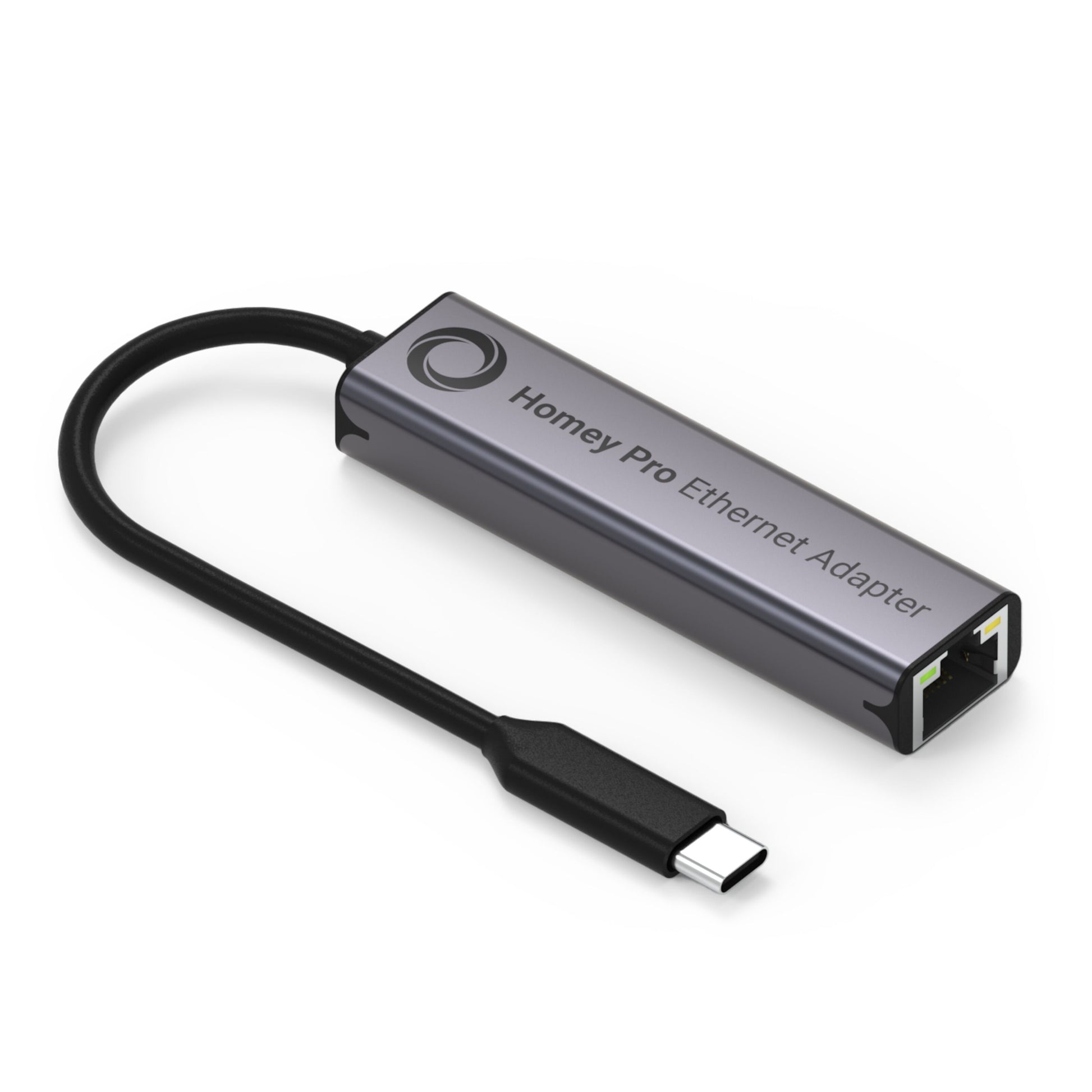Athom Ethernet-adapter til Homey Pro tidligt 2023, eksternt netværkskort med USB-C, Ethernet-port, kort sort kabel, metallic.