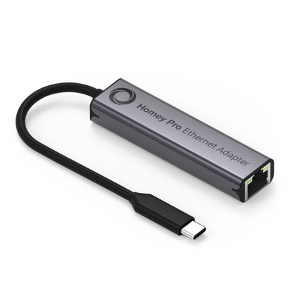 Athom Ethernet-adapter til Homey Pro tidligt 2023, eksternt netværkskort med USB-C, Ethernet-port, kort sort kabel, metallic.