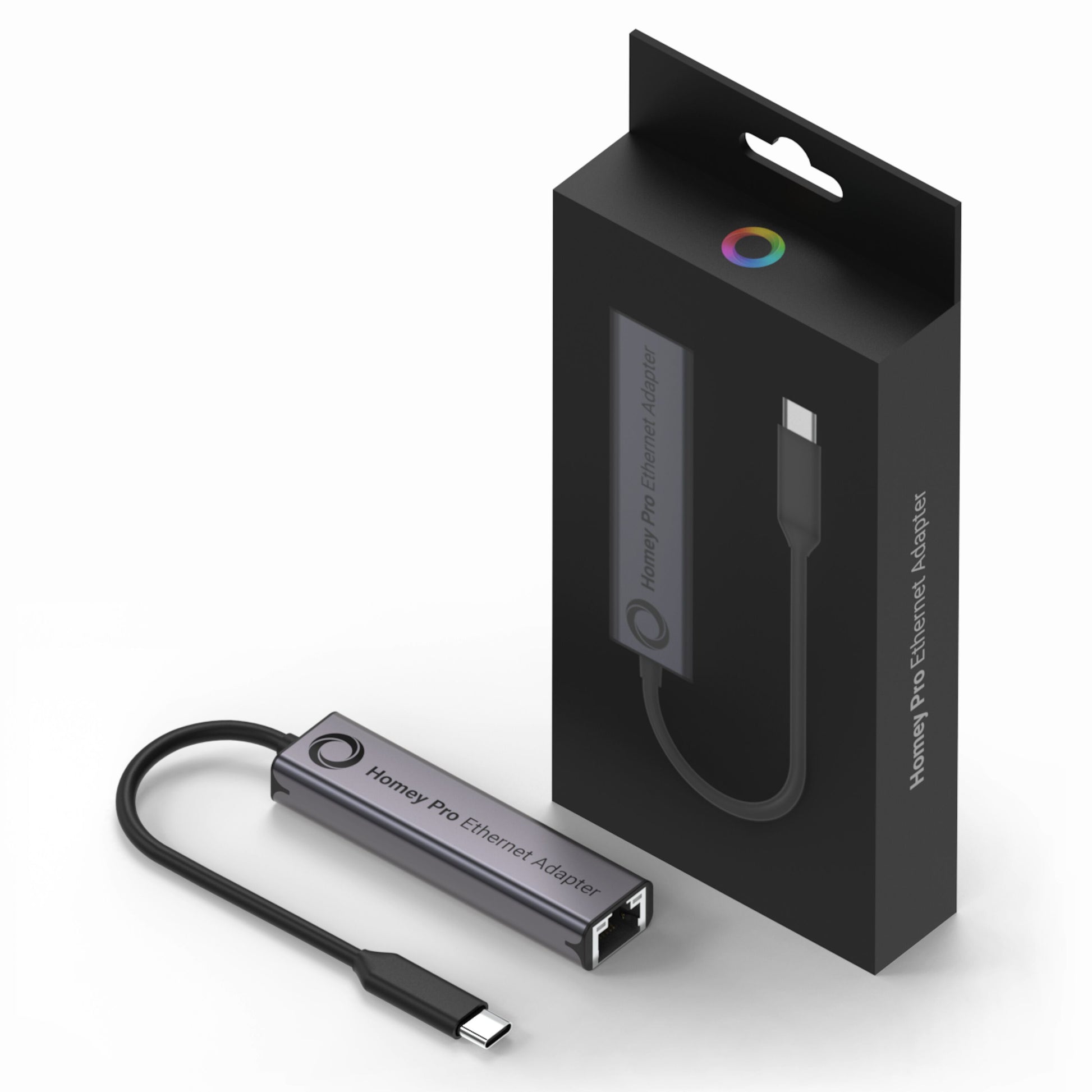 Athom Ethernet-adapter til Homey Pro 2023, metallic grå, USB-C stik, produktnavn og logo synligt på adapter og æske.