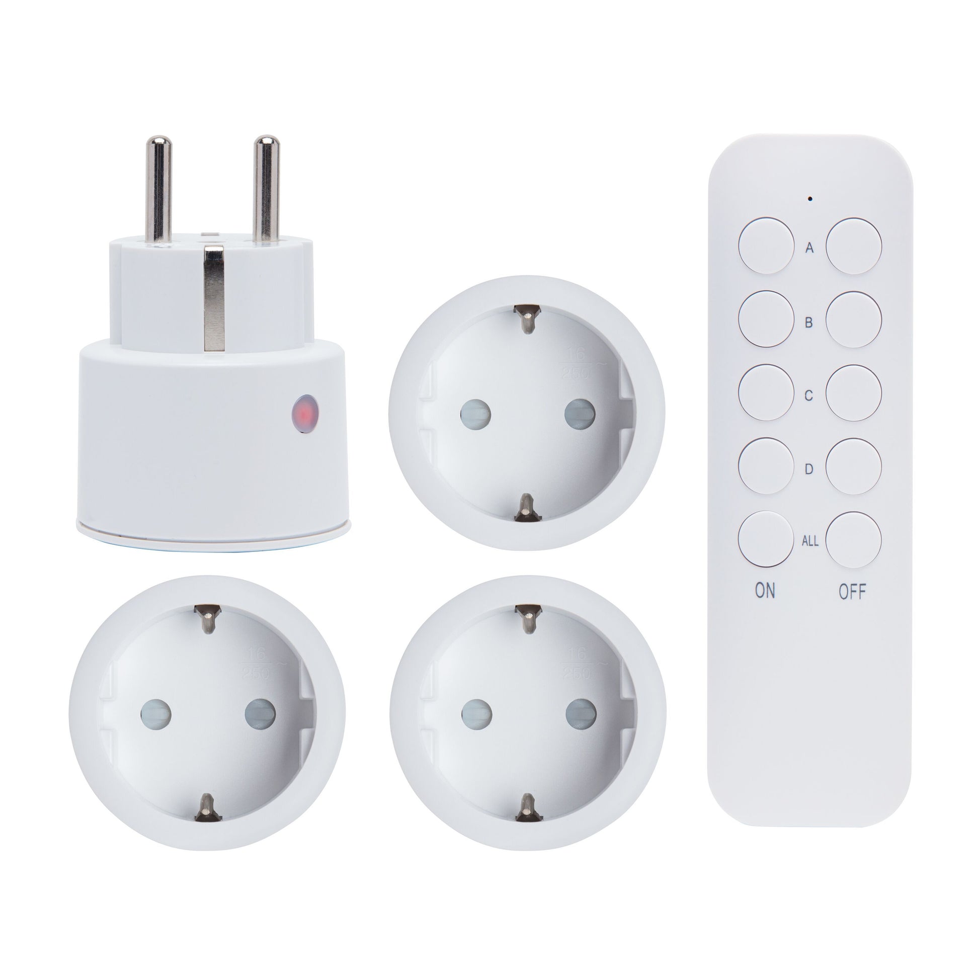 Cleverio mini-fjernbetjeningskontakt 4-pak, tre hvide adaptere, en stor trådløs stik, fjernbetjening med A-D, ON/OFF.