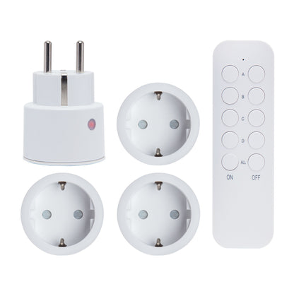 Cleverio mini-fjernbetjeningskontakt 4-pak, tre hvide adaptere, en stor trådløs stik, fjernbetjening med A-D, ON/OFF.